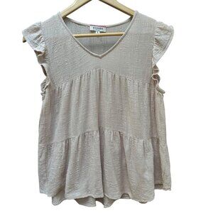 Andrée By Unit Beige Textured V-Neck Sleeveless Babydoll Ruffle Sleeve Blouse SM